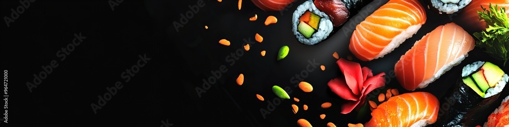banner with sushi, concept of Japanese cuisine, appetizing gourmet seafood banner with sushi, concept of Japanese cuisine, appetizing gourmet seafood