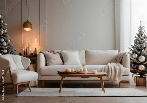 New year tree and christmas decoration in cosy light living room with sofa in white and creamy colors. AI generated.