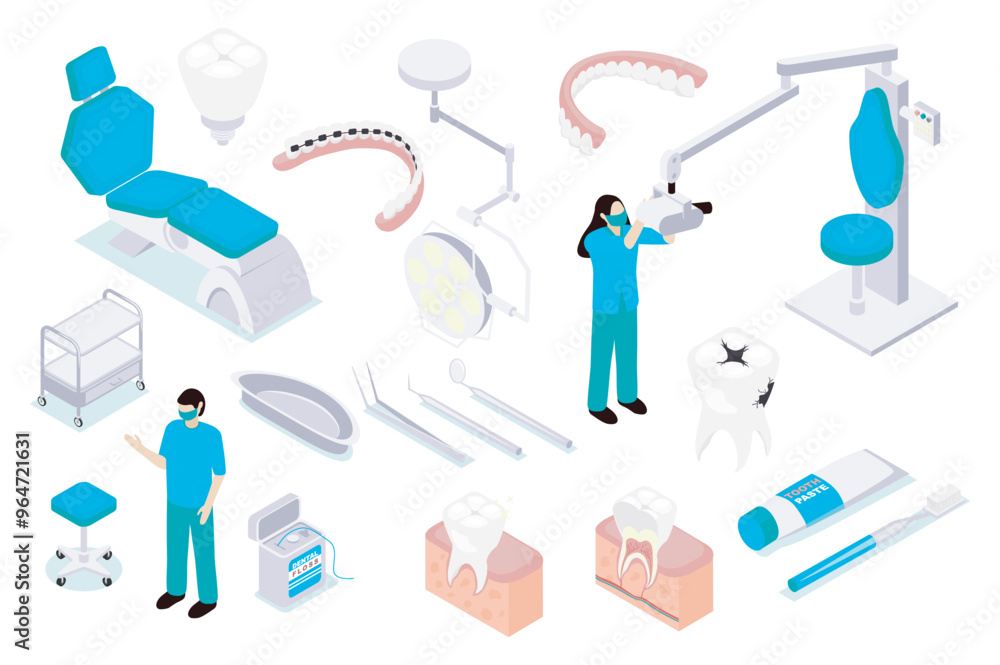 Stomatology 3d isometric mega set in isometry graphic design. Collection elements of patient chair, braces, dentures, lamp, tools, examination mirror, dentist, toothbrush, other. Vector illustration. Stomatology 3d isometric mega set in isometry graphic design. Collection elements of patient chair, braces, dentures, lamp, tools, examination mirror, dentist, toothbrush, other. Vector illustration.