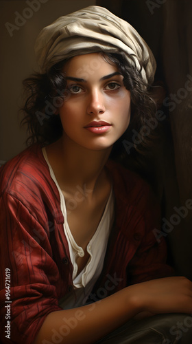 A poised woman with an intricate headpiece and composed demeanor sits pensively, highlighted by soft lighting that gives the scene an introspective and warm atmosphere.