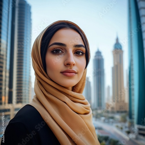 Arabian woman in traditional hijab clothes living in big city having modern life sports job leisure Generative AI, AI Generative photo