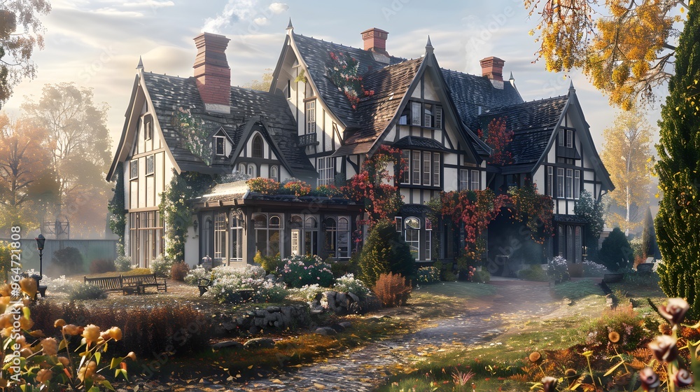 Obraz premium Cozy cottage with exterior walls of weathered wood shingles, blending naturally with its forest surroundings