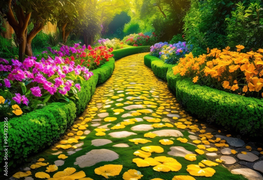 Obraz premium vibrant garden paths adorned colorful blooms lush greenery creating picturesque landscape, flower, plants, nature, petal, leaf, scene, horticulture