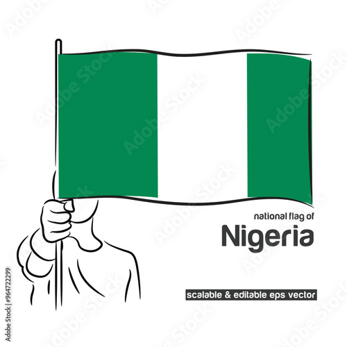 Scalable and editable eps vector Outline line stroke contour art of person hand fist holding national waving flag of Nigeria