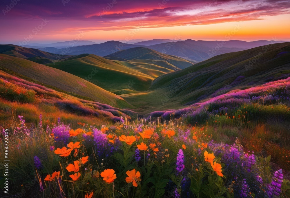 Fototapeta premium vibrant landscape showcasing breathtaking sunset colors over rolling hills lush greenery, sky, clouds, orange, pink, blue, scenery, nature, view, light