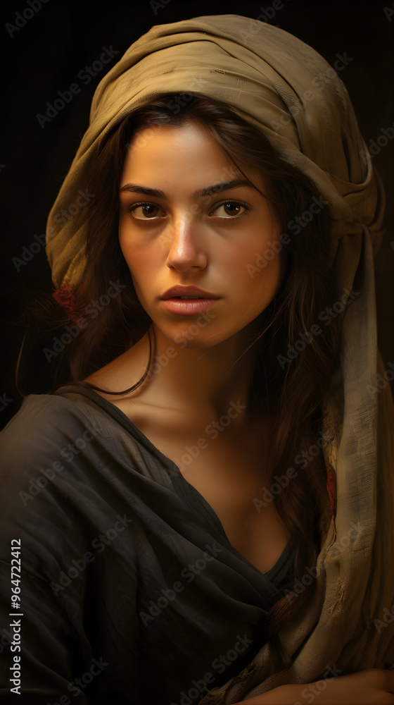 A classical portrait of a woman wearing traditional attire and headscarf, exuding a timeless and historic essence, captured in a warm and soft artistic style. A classical portrait of a woman wearing traditional attire and headscarf, exuding a timeless and historic essence, captured in a warm and soft artistic style.
