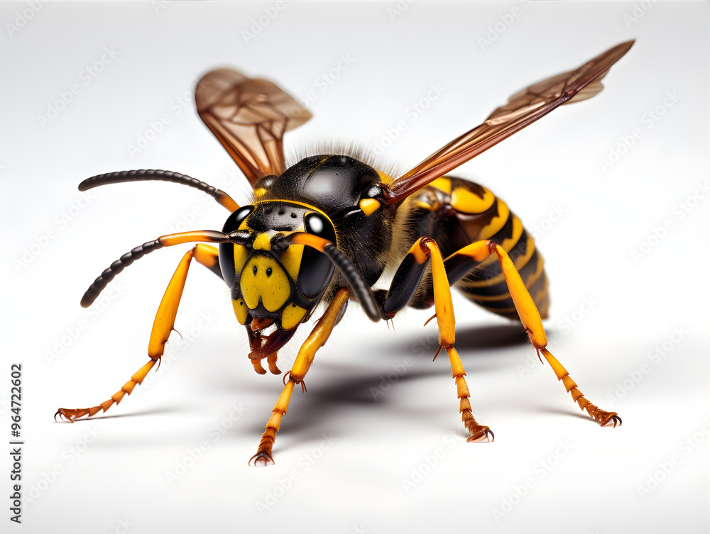 A highly detailed image of a wasp, showcasing its yellow and black coloring, delicate wings, and segmented body against a light background, highlighting the insect's intricate features. A highly detailed image of a wasp, showcasing its yellow and black coloring, delicate wings, and segmented body against a light background, highlighting the insect's intricate features.