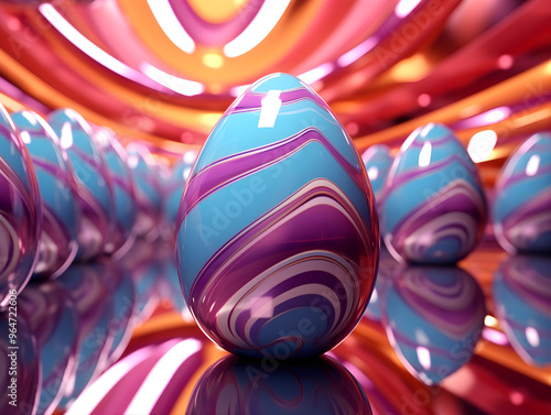 This image depicts an array of colorful eggs with vibrant, abstract patterns, arranged attractively with a glossy finish, creating an eye-catching and festive display. photo