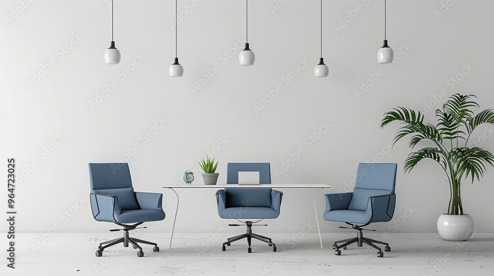 a white table with blue chairs and a potted plant a white table with blue chairs and a potted plant