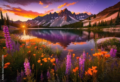 vibrant sunset reflected calm mountain lake surrounded majestic peaks colorful sky, reflection, water, nature, colors, scenery, landscape, evening, clouds