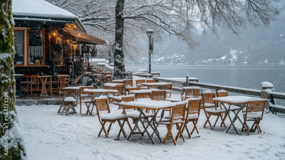 Cafe tables and chairs covered with snow, located in the German Alps near Lake Schliersee
Cafe tables and chairs covered with snow, located in the German Alps near Lake Schliersee