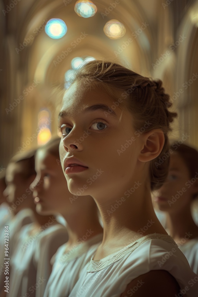 Fototapeta premium Within the grand architecture, a group of poised young voices stands in anticipation, their expressions reflecting the beauty of the upcoming performance in serene focus