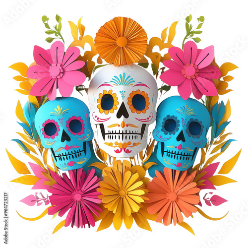 Vibrant Dia de los Muertos sugar skulls surrounded by colorful paper flowers, celebrating the Day of the Dead with traditional decorations.