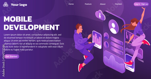 Mobile app. Smartphone software development landing page. Isometric phone screen. People customers create user application. Technology interface for team work. Vector website background
