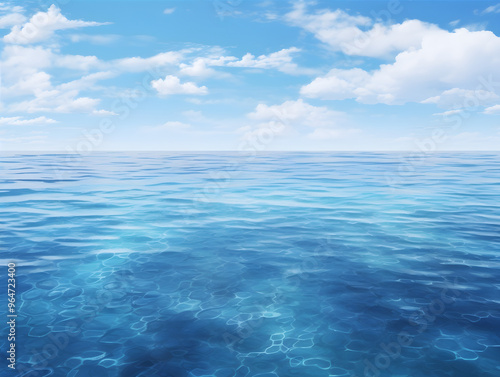 A peaceful ocean scene with clear blue water and sky, lightly adorned by fluffy white clouds, creating a serene, tranquil and calming visual experience.