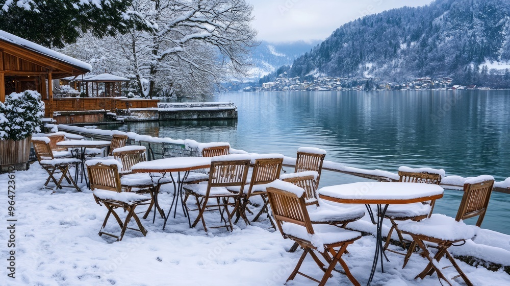 Cafe tables and chairs covered with snow, located in the German Alps near Lake Schliersee
Cafe tables and chairs covered with snow, located in the German Alps near Lake Schliersee