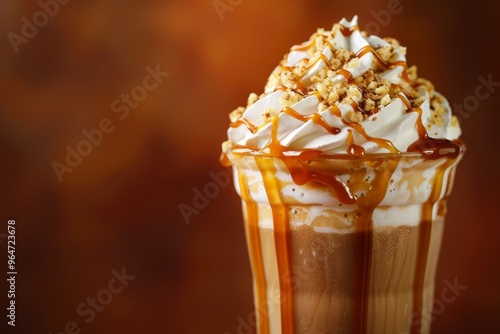 A delightful caramel macchiato frappuccino sits invitingly in a glass, crowned with fluffy whipped cream and golden caramel drizzle. The warm colors evoke a cozy autumn atmosphere photo