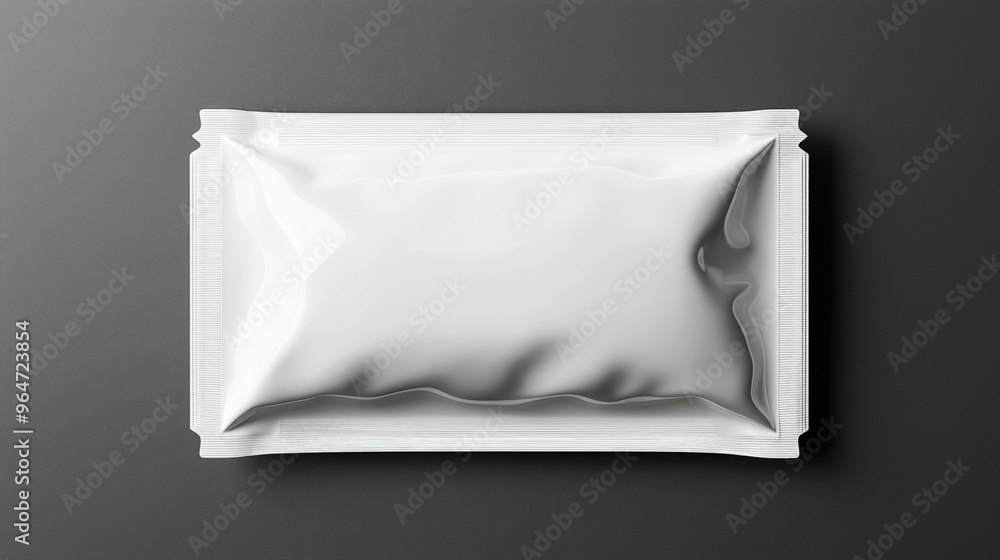 Blank white foil packet on a dark gray background. The sealed packet is commonly used for containing small items such as snacks, spices, condiments, or samples. Blank white foil packet on a dark gray background. The sealed packet is commonly used for containing small items such as snacks, spices, condiments, or samples.