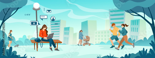 City park. People urban lifestyle. Girl with laptop. Woman chatting. Family relax in nature. Couple running outdoor. Digital technology. Mother with baby carriage. Vector flat background