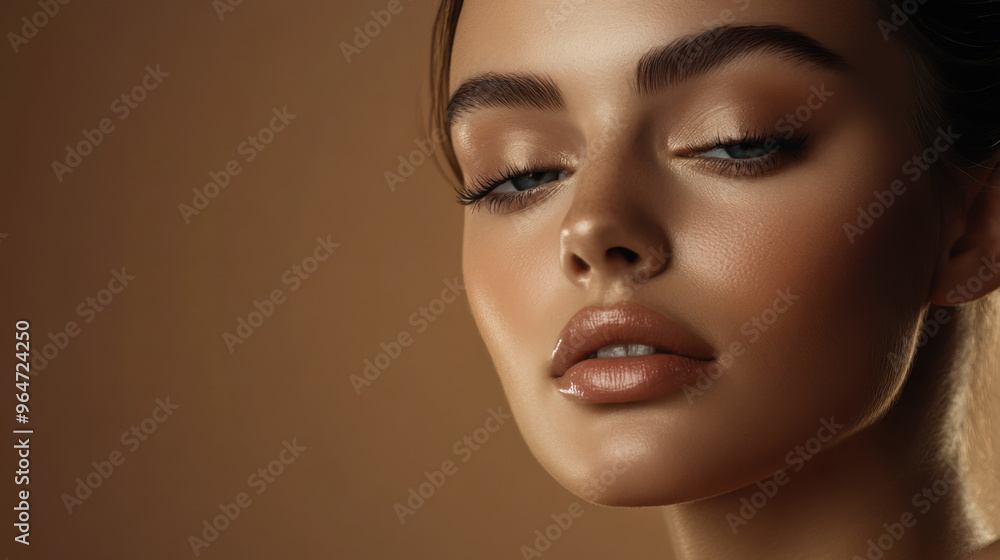A close-up of a model showcasing natural beauty with highlighted features against a warm backdrop A close-up of a model showcasing natural beauty with highlighted features against a warm backdrop