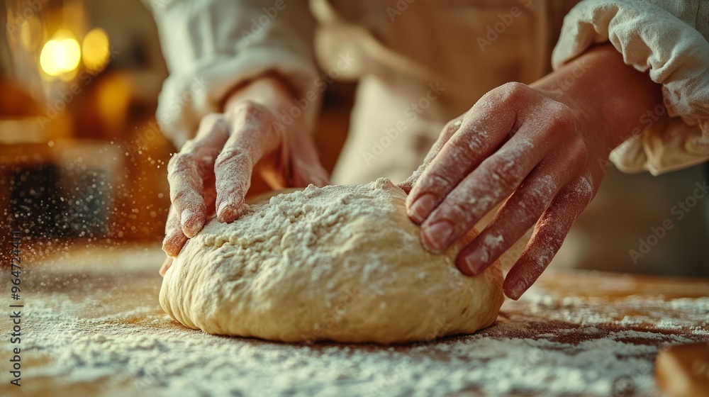 A close-up of a person's hands kneading dough on a wooden surface. The hands are covered in flour and flour dust is visible in the air, indicating the process of working the dough. A close-up of a person's hands kneading dough on a wooden surface. The hands are covered in flour and flour dust is visible in the air, indicating the process of working the dough.