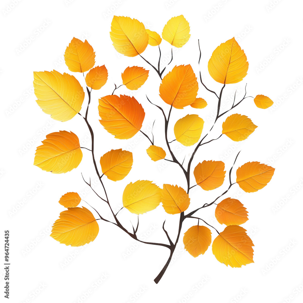 Obraz premium Bright autumn leaves on branches in vivid shades of orange and yellow against a white background, symbolizing seasonal change and nature.