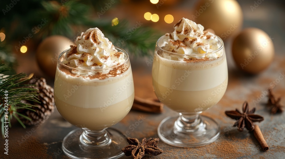 Two glasses of egg nog topped with cinnamon and whipped cream. Milk of the old man, Coquito, Creme de Vie, or Eierlikör.
Two glasses of egg nog topped with cinnamon and whipped cream. Milk of the old man, Coquito, Creme de Vie, or Eierlikör.