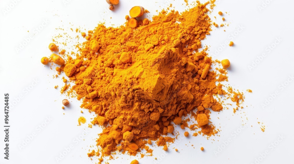 vibrant turmeric powder scattered in a generous pile isolated on a pristine white background top view food photography vibrant turmeric powder scattered in a generous pile isolated on a pristine white background top view food photography