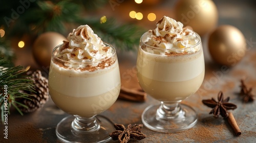 Two glasses of egg nog topped with cinnamon and whipped cream. Milk of the old man, Coquito, Creme de Vie, or Eierlikör.
 photo