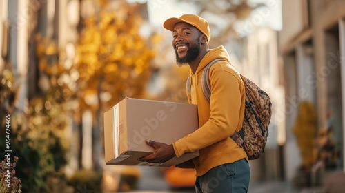 Delivery man in yellow hoodie carrying package, autumn trees in background.