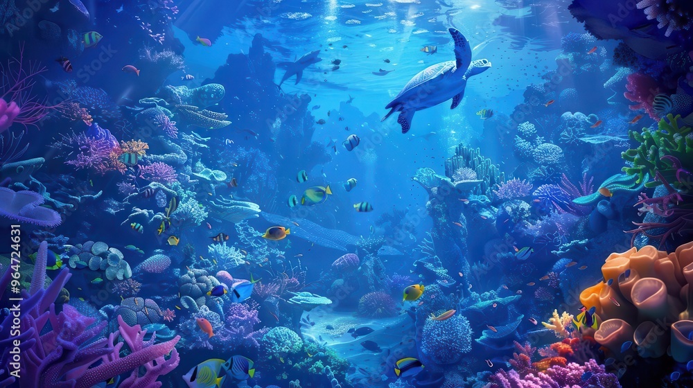 Fototapeta premium vibrant underwater scene featuring a colorful coral reef teeming with exotic fish species sea turtles gliding gracefully and intricate coral formations bathed in ethereal blue light