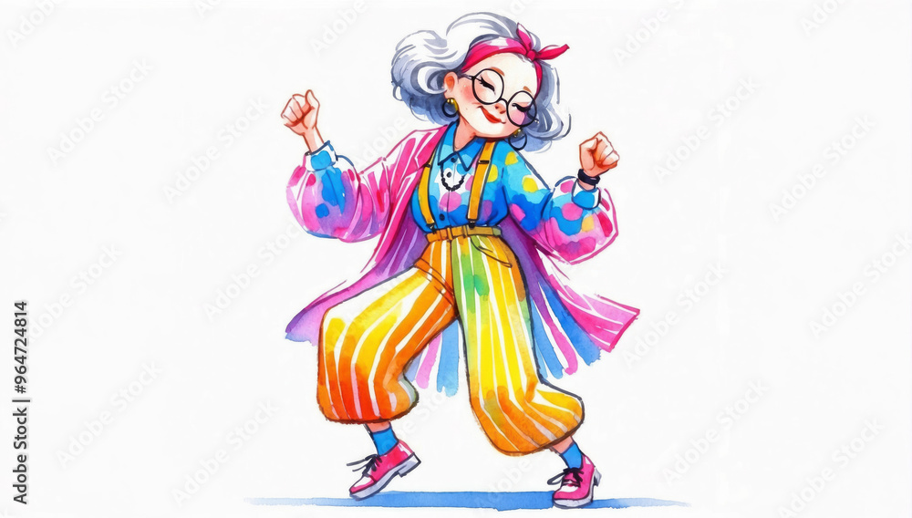 Watercolor illustration of an elderly woman in bright clothes dancing with her arms raised and eyes closed on a light background Watercolor illustration of an elderly woman in bright clothes dancing with her arms raised and eyes closed on a light background