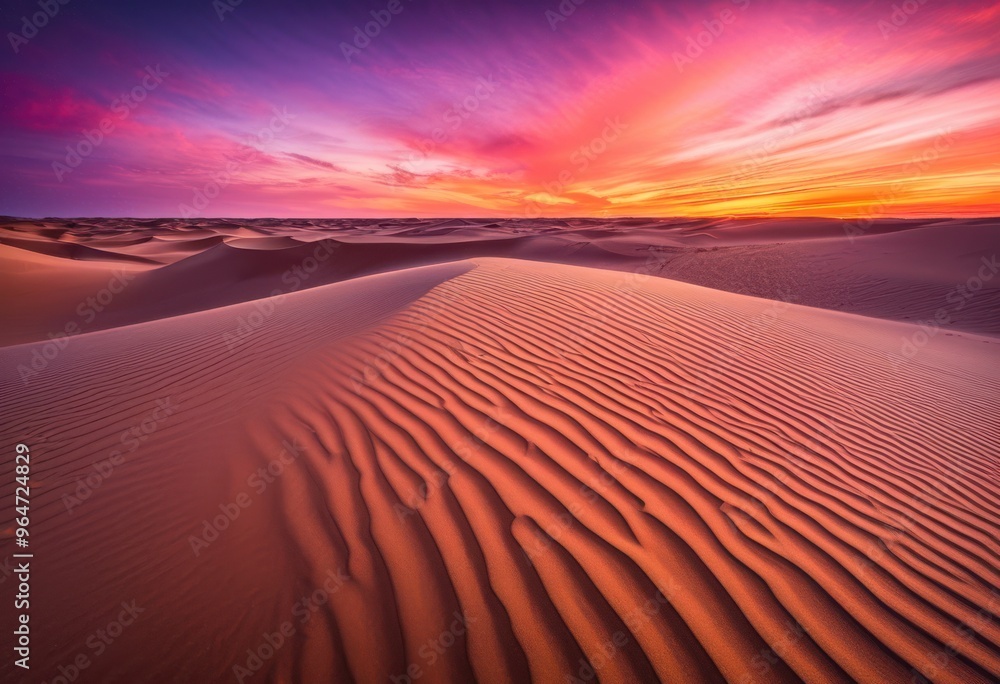 Naklejka premium vast sandy dunes bathed warm hues breathtaking sunset sky vibrant colors soft shadows, landscape, nature, desert, horizon, clouds, texture, light, evening