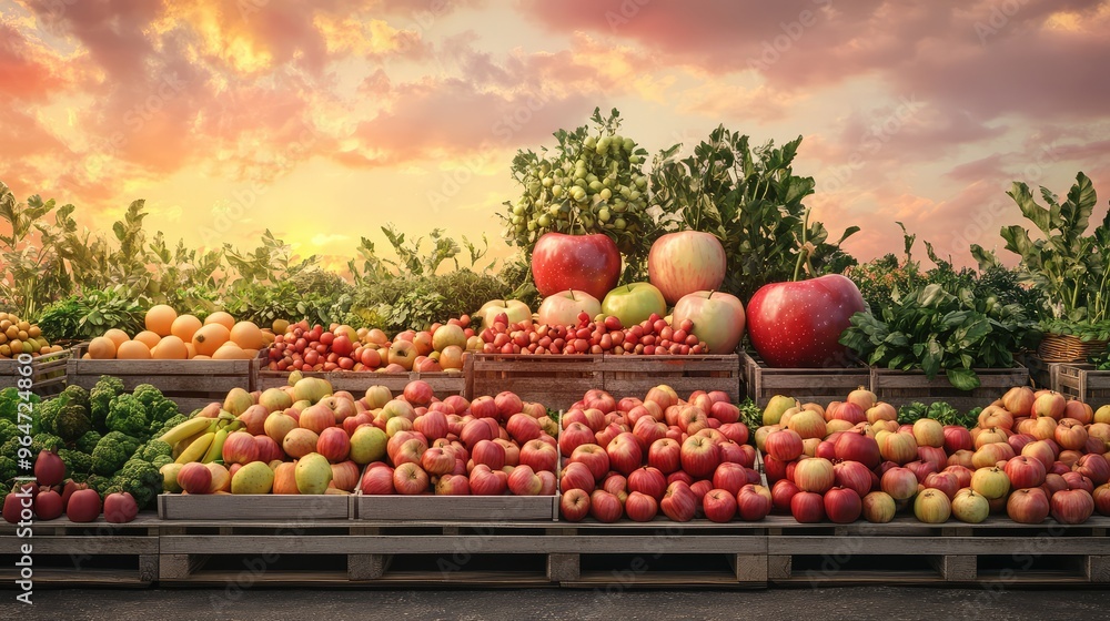A giant apple-themed vegetable stand under a soft pastel sky at dawn, with fresh vegetables and fruits in front, a magical and inviting scene A giant apple-themed vegetable stand under a soft pastel sky at dawn, with fresh vegetables and fruits in front, a magical and inviting scene