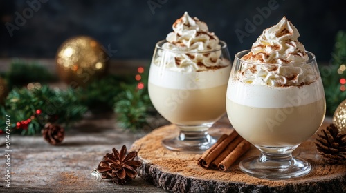 Two glasses of egg nog topped with cinnamon and whipped cream. Milk of the old man, Coquito, Creme de Vie, or Eierlikör.
 photo