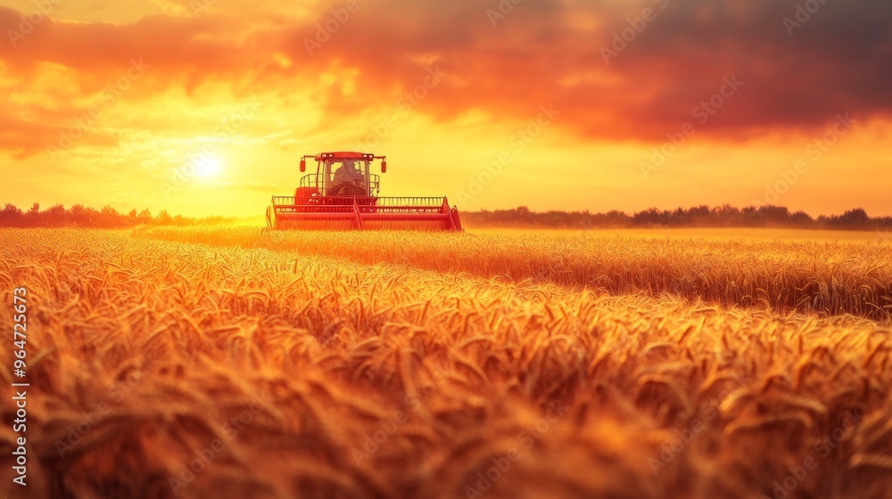 Fototapeta premium Sunset Harvesting Scene