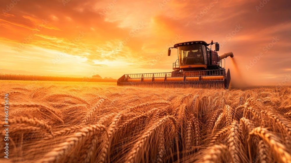 Fototapeta premium Harvesting Wheat at Sunset