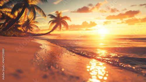 Golden sunset over tranquil beach with palm trees swaying gently in the evening breeze and waves lapping against the shore