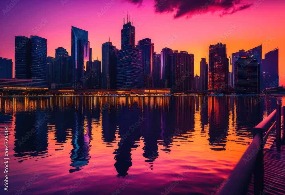 Obraz premium striking bold skyline silhouettes set vibrant sunset rich hues purple creating dramatic evening sky, artwork, urban, cityscape, twilight, colors, orange, pink