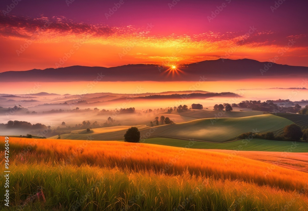 vibrant sunrise over rolling fields soft inclines lush greenery, agriculture, bright, countryside, dawn, daylight, elevation, expansive, flora, foliage vibrant sunrise over rolling fields soft inclines lush greenery, agriculture, bright, countryside, dawn, daylight, elevation, expansive, flora, foliage