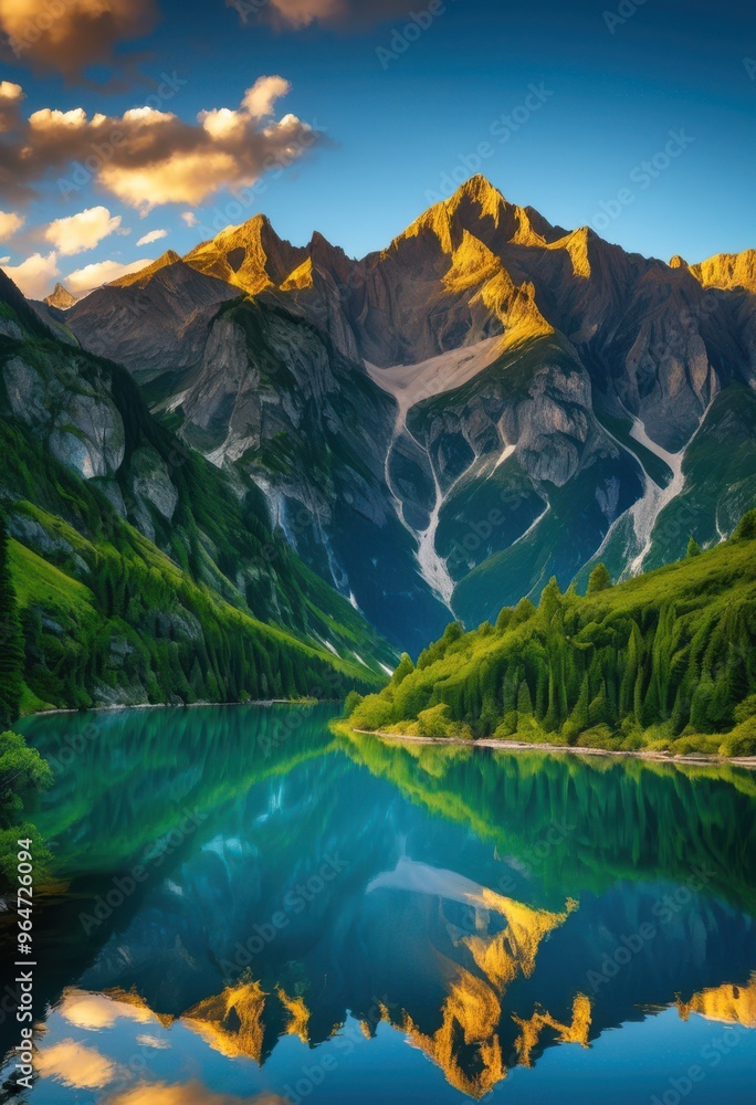 Obraz premium stunning mountain range reflected serene lake surrounded lush greenery clear blue sky, alpine, adventure, altitude, background, beauty, breathtaking