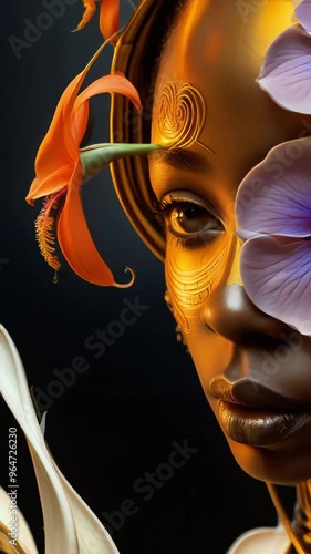 Beautiful Black African Flower Woman: Embodiment of Mother Nature, Blossoming in Floral Style, Guardian of Life and Essence of Mother Earth photo