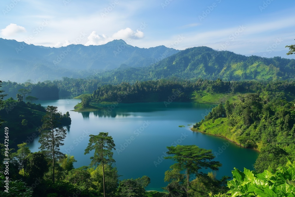 A beautiful lake surrounded by trees and mountains. The water is calm and clear, reflecting the sky above. The scene is peaceful and serene A beautiful lake surrounded by trees and mountains. The water is calm and clear, reflecting the sky above. The scene is peaceful and serene
