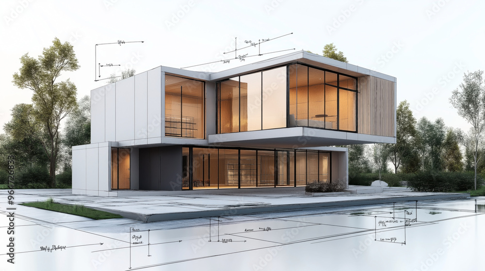 Modern two-story house with large windows, surrounded by trees ...