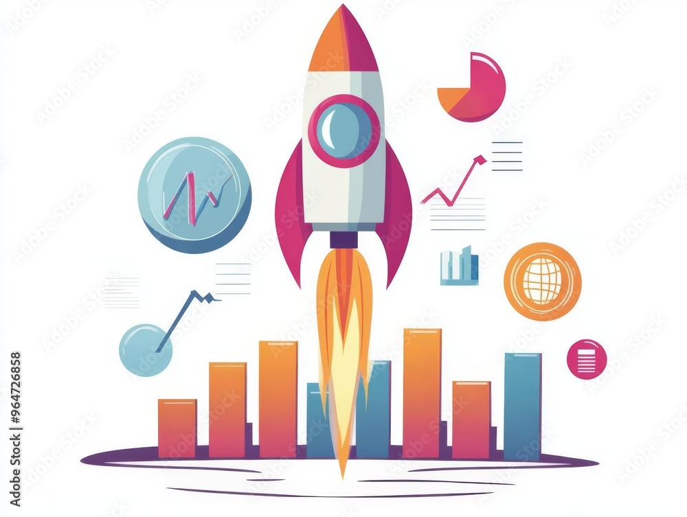 Colorful rocket graphic with various charts and graphs, symbolizing business growth, success, and analytics. Colorful rocket graphic with various charts and graphs, symbolizing business growth, success, and analytics.