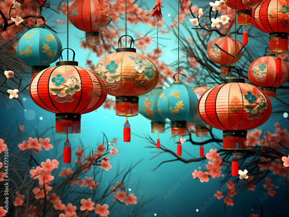 Fototapeta premium Beautifully decorated lanterns hanging amidst blooming branches, set against a serene blue background, evoking a sense of celebration and cultural vibrancy in spring.