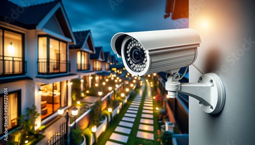 Close-up of a white security camera mounted on a wall overlooking a residential street with garden lights illuminated at dusk. The camera symbolizes modern surveillance technology that provides securi