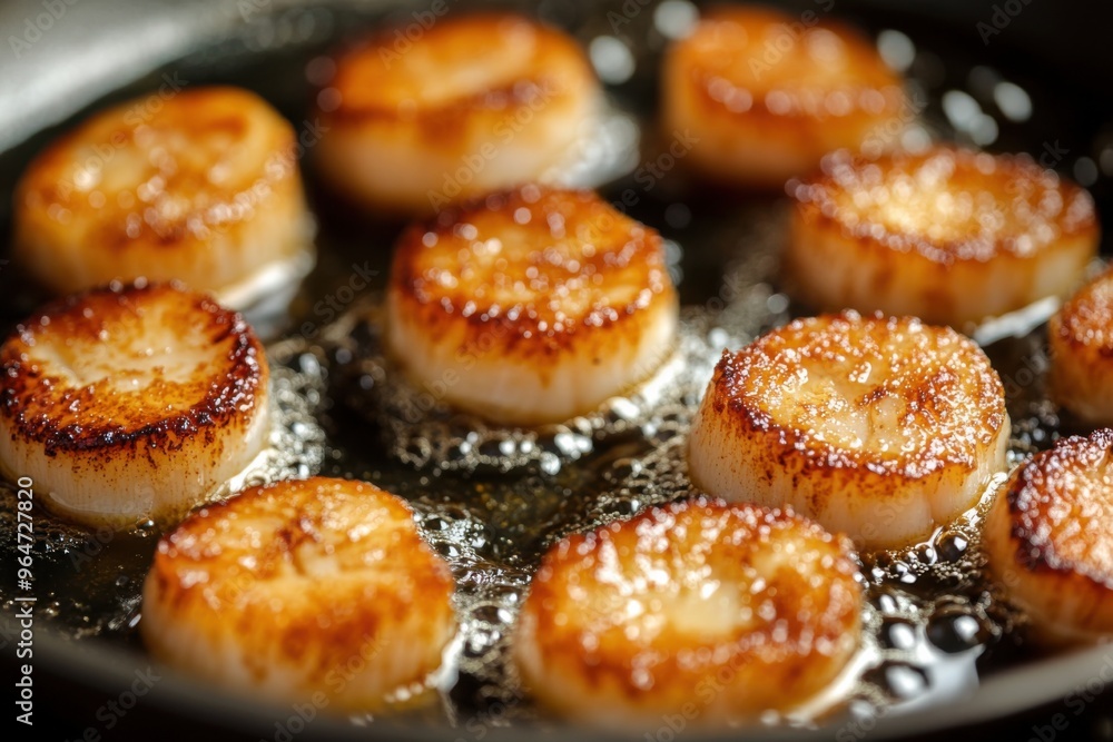 A close-up of fried scallops sizzling in a pan, with the oil bubbling around them, capturing the crispy texture and rich, golden-brown color A close-up of fried scallops sizzling in a pan, with the oil bubbling around them, capturing the crispy texture and rich, golden-brown color