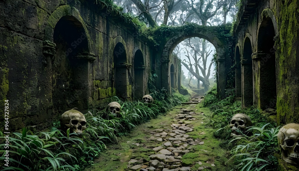 A winding path lined with skulls, surrounded by lush, moss-covered trees creating an eerie atmosphere. A winding path lined with skulls, surrounded by lush, moss-covered trees creating an eerie atmosphere.