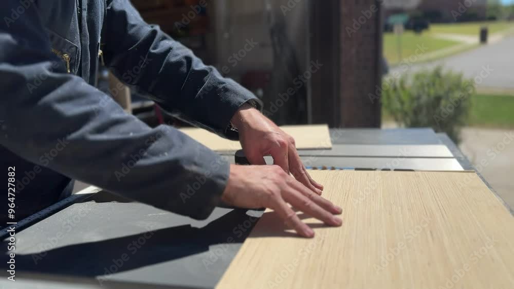 Crafting precision cuts using a table saw in a workshop on a sunny afternoon Crafting precision cuts using a table saw in a workshop on a sunny afternoon
